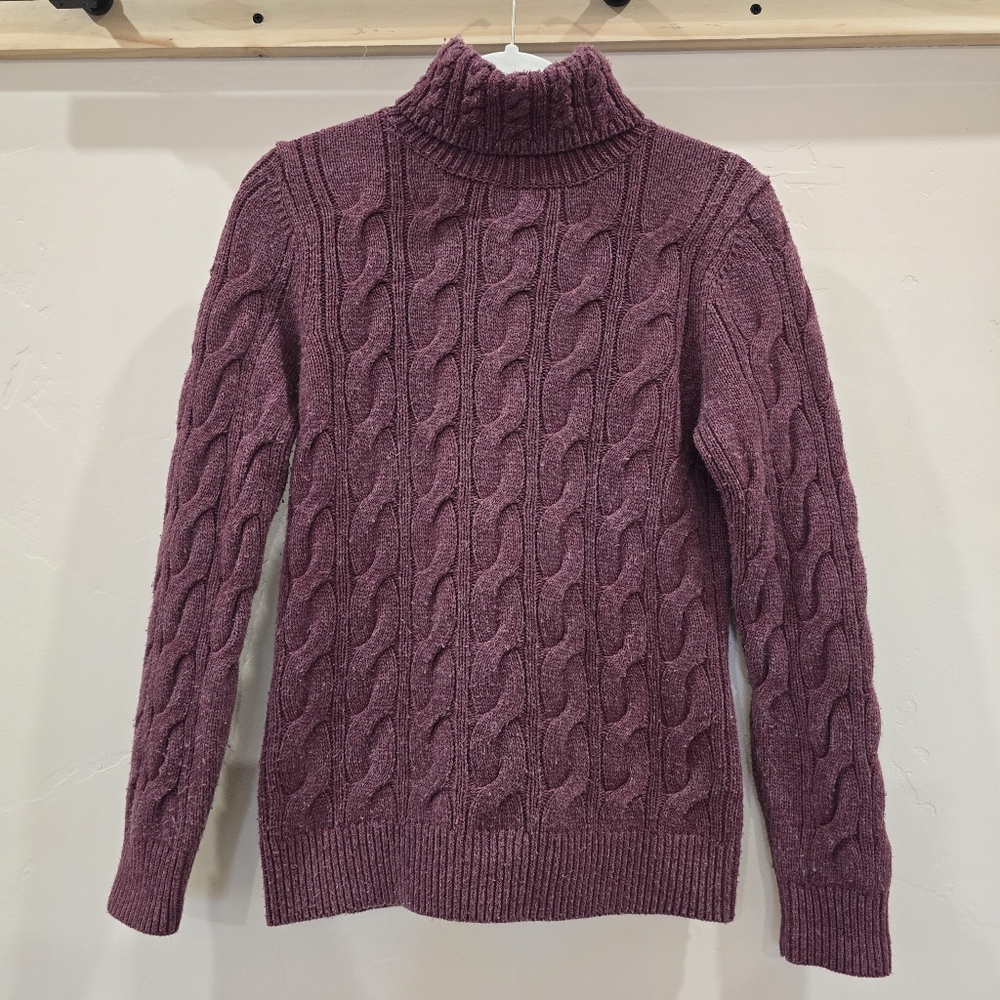 LL Bean Wool Blend Cable Knit Sweater Womens S Purple Burgundy Turtleneck